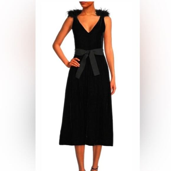 NEW A Loves A Velvet Feather Strap V Neck Midi Dress L Black Glam Evening - Picture 1 of 7